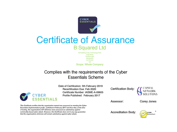 B Squared Cyber Essentials Certification